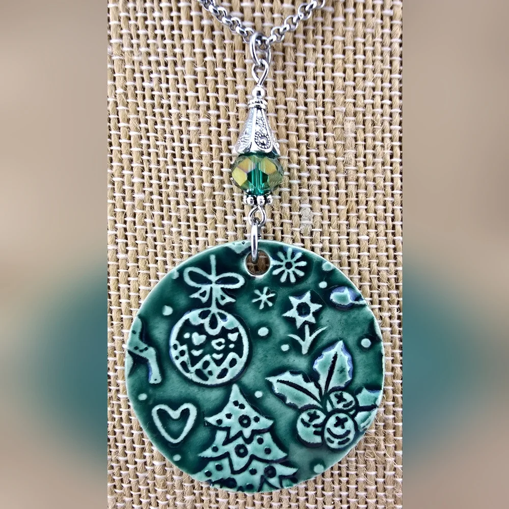 Handmade Kiln Fired Ceramic Green Christmas Pendant Necklace